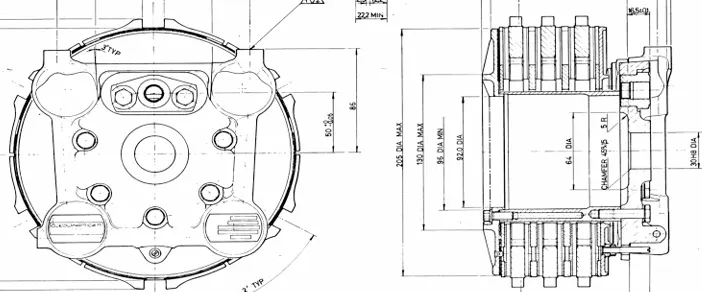 Dimensioned front and side engineering drawing of a wheel brake