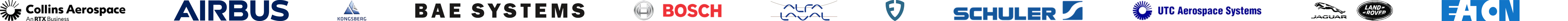 Client logos: Collins Aerospace, Airbus, Kongsberg Automotive, BAE Systems, Bosch, Alfa Laval, Fjord Defence, Schuler Group, UTC Aerospace Systems, Jaguar Land Rover, Eaton